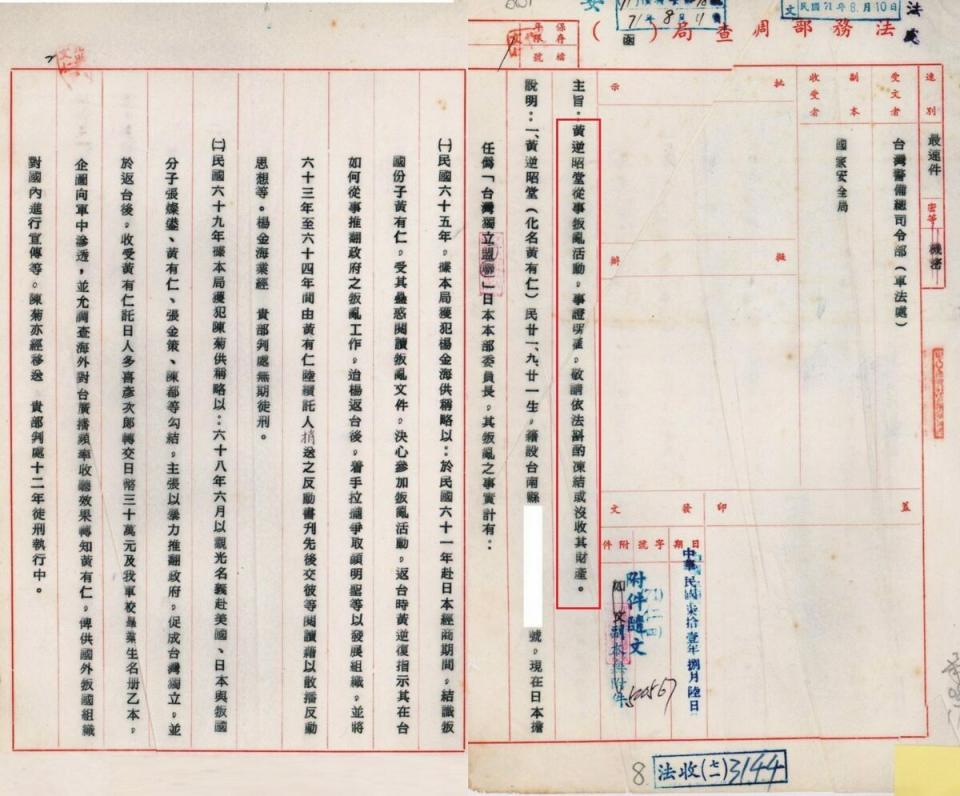  調查局要求對黃昭堂的財產予以凍結或沒收。 檔案管理局，檔號：AA05140000C=0071=1571=057=0001=virtual001=0008 