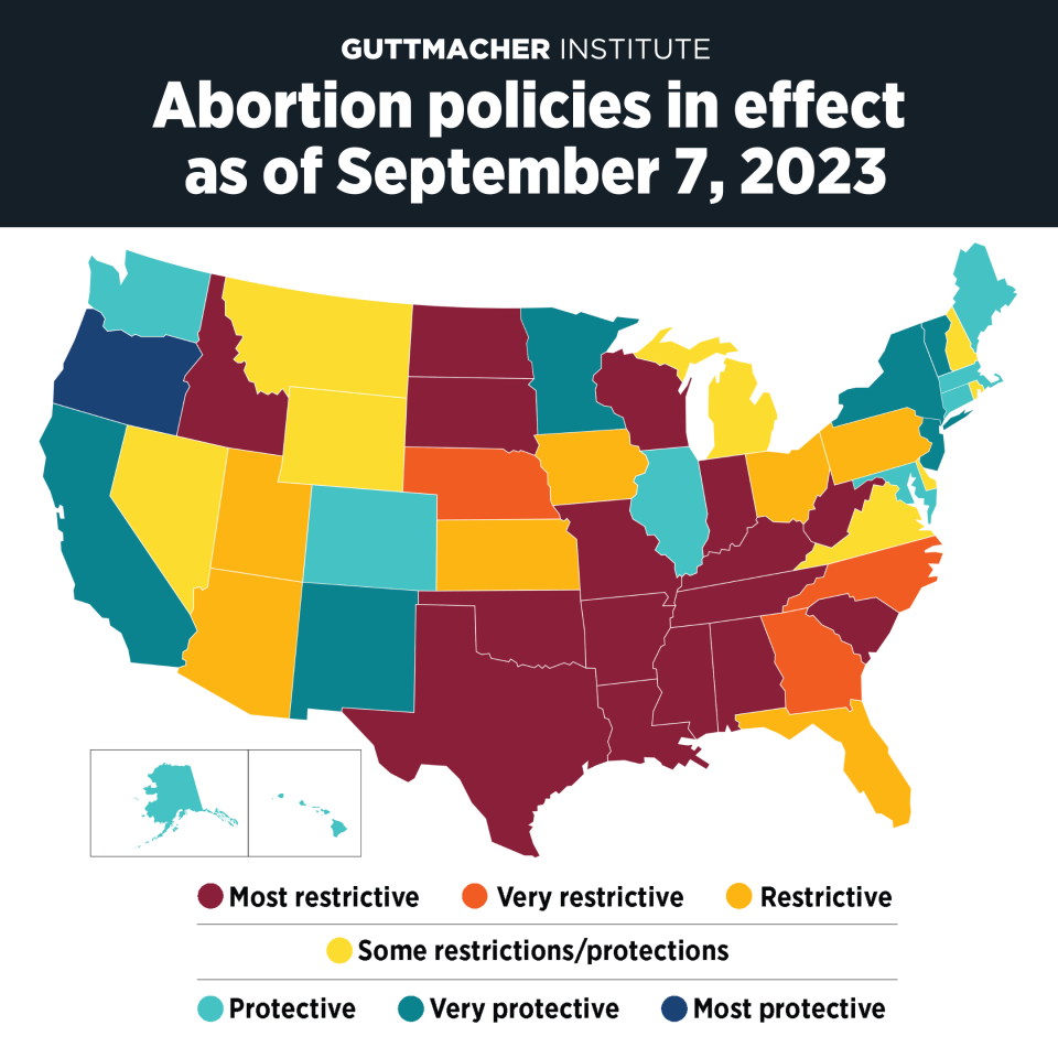 Abortion access by state as of Sept. 7, 2023 as the Florida State Supreme Court takes up a 15-week ban on abortion Friday Sept. 8, 2023.