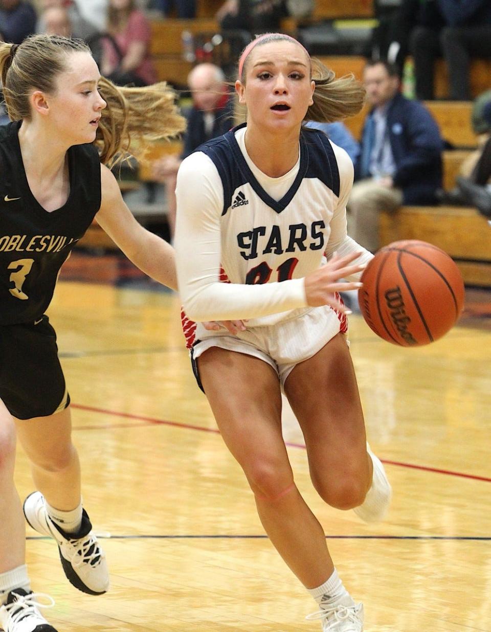 BNL junior point guard Karsyn Norman drives past Noblesville's Kaitlyn Shoemaker in a late-December duel of top-five teams. Norman scored 17 points in a 59-40 victory.