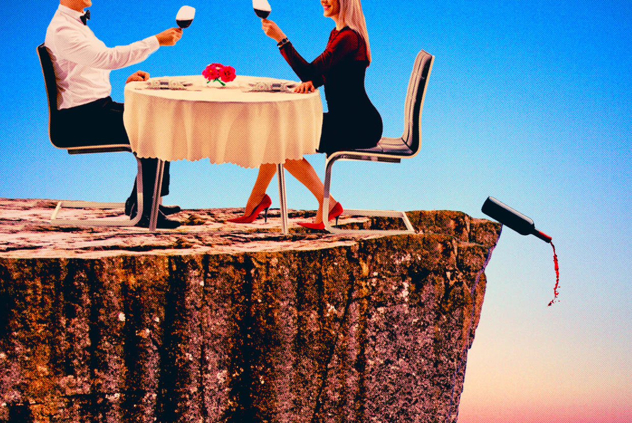 Photo Illustration: A couple has dinner near the edge of a cliff, as a wine bottle topples over the edge (Justine Goode / NBC News; Getty Images)