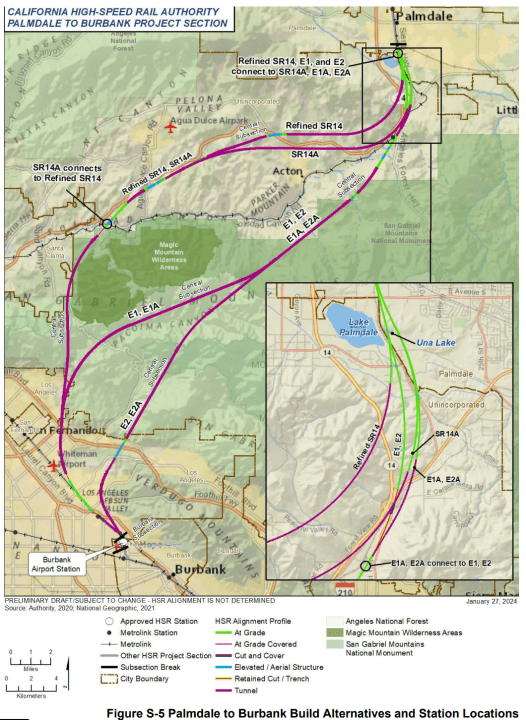 This figure shows the alternatives considered for the Burbank-to-Palmdale section of the California High-Speed Rail, including sites for proposed stations. (CAHSR)