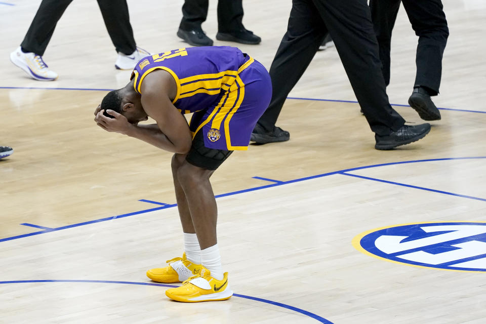 LSU's Aundre Hyatt (15) pauses on the court after LSU lost to Alabama in the championship game at the NCAA college basketball Southeastern Conference Tournament Sunday, March 14, 2021, in Nashville, Tenn. (AP Photo/Mark Humphrey)