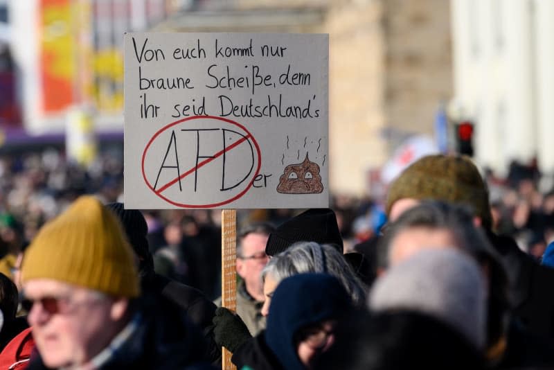 A person holds a placard during a demonstration against the AfD and right-wing extremism in Hesse. Swen Pförtner/dpa