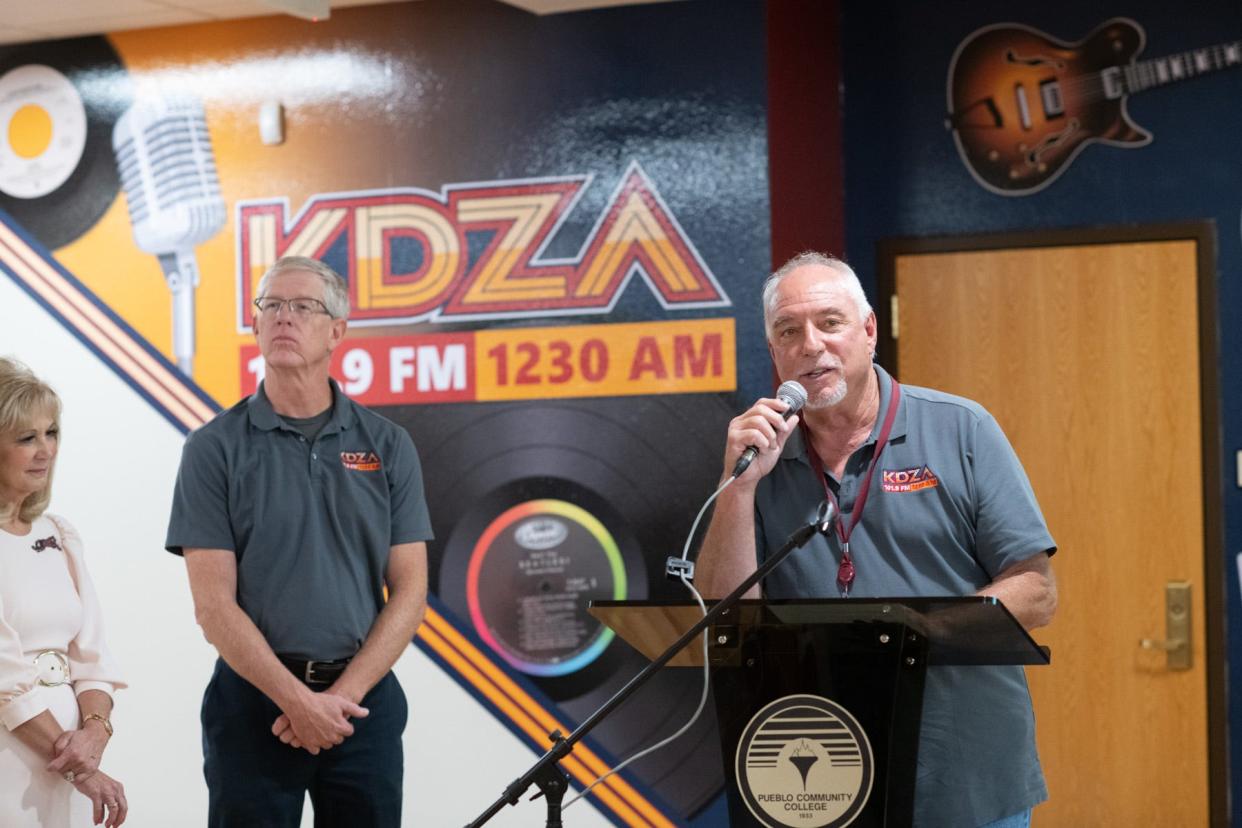 Nick Donovan, host of 'Mornings with Nick' on KDZA, speaks at a ribbon-cutting ceremony at Pueblo Community College on August 17, 2023.