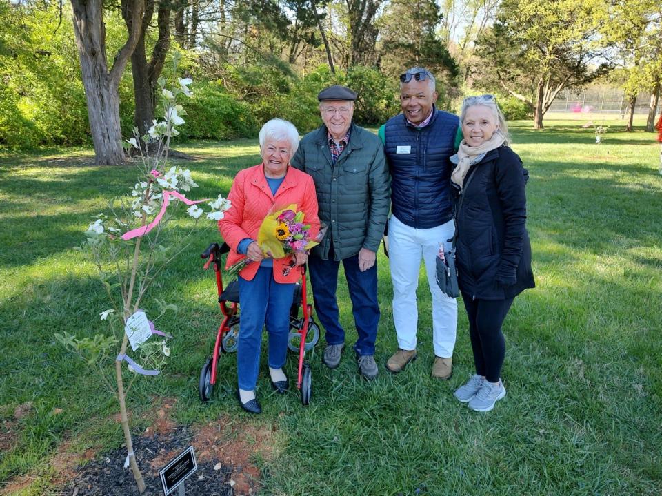 Shown at the April 6, 2024, dedication ceremony for several dogwood trees recently planted in honor of longtime West Hills Community Assocation volunteers are, from left, honorees Barbara and Reuben Pelot, West Hills Dogwood Trail co-chair Michael Moore, and Dogwood Arts Festival trails and gardens program manager Vicki Baumgartner.