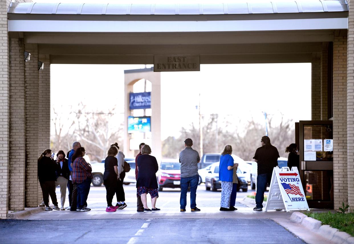 Voters line up outside Abilene's Hillcrest Church of Christ to cast their ballots in the Super Tuesday primary election March 5, 2024. Out of the 86,590 eligible voters in Taylor County, 19,497 voted in the Republican primary and 1,702 cast ballots in the Democratic primary.