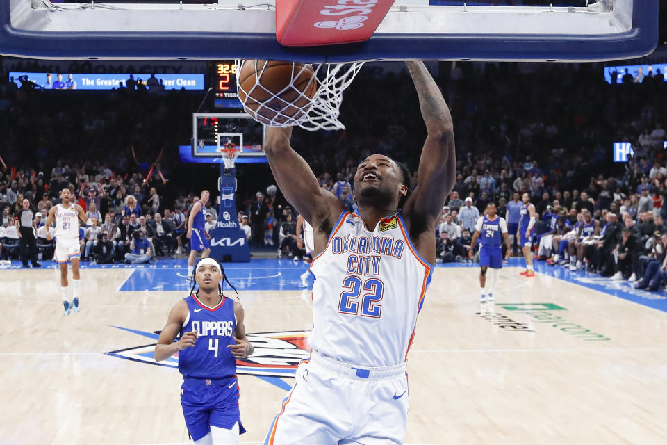 Feb 22, 2024; Oklahoma City, Oklahoma, USA; Oklahoma City Thunder guard Cason Wallace (22) goes up for a dunk against the LA Clippers during the second half at Paycom Center. Mandatory Credit: Alonzo Adams-USA TODAY Sports