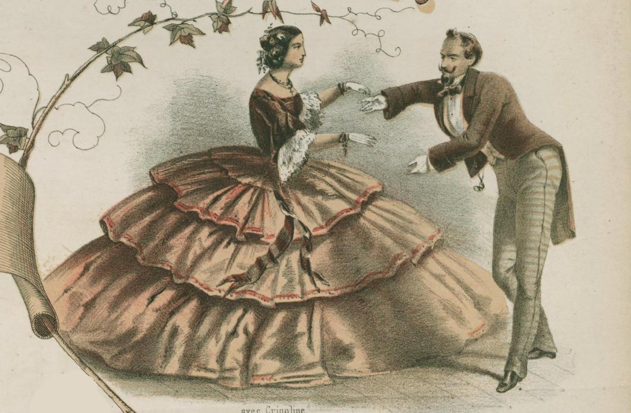 <span class="caption">An 18th-century illustration of a woman in a crinoline.</span> <span class="attribution"><a class="link " href="https://archive.org/details/driscoll_bx_349_series_17_sheet_muisc_cover_21" rel="nofollow noopener" target="_blank" data-ylk="slk:James Francis Driscoll collection of historical American sheet music/The Internet Archive;elm:context_link;itc:0;sec:content-canvas"> James Francis Driscoll collection of historical American sheet music/The Internet Archive</a>, <a class="link " href="http://creativecommons.org/licenses/by-sa/4.0/" rel="nofollow noopener" target="_blank" data-ylk="slk:CC BY-SA;elm:context_link;itc:0;sec:content-canvas">CC BY-SA</a></span>