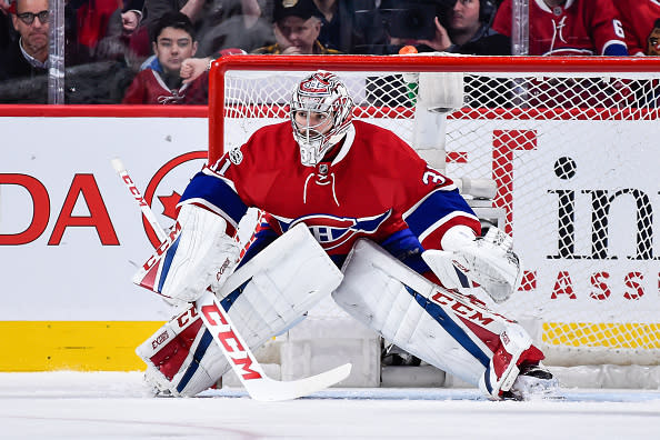 MONTREAL, QC - MARCH 14: Carey Price #31 of the Montreal Canadiens gets into position during the NHL game against the Chicago Blackhawks at the Bell Centre on March 14, 2017 in Montreal, Quebec, Canada. The Chicago Blackhawks defeated the Montreal Canadiens 4-2. (Photo by Minas Panagiotakis/Getty Images)