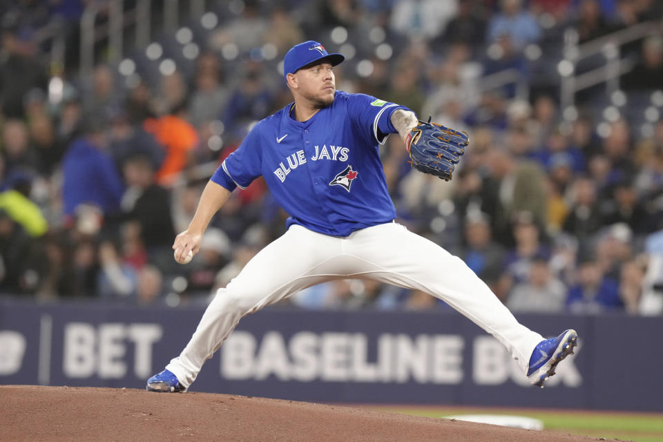 Toronto Blue Jays pitcher Yariel Rodriguez throws during a baseball game against the Colorado Rockies, Saturday, April 13, 2024, in in Toronto. (Chris Young/The Canadian Press via AP)