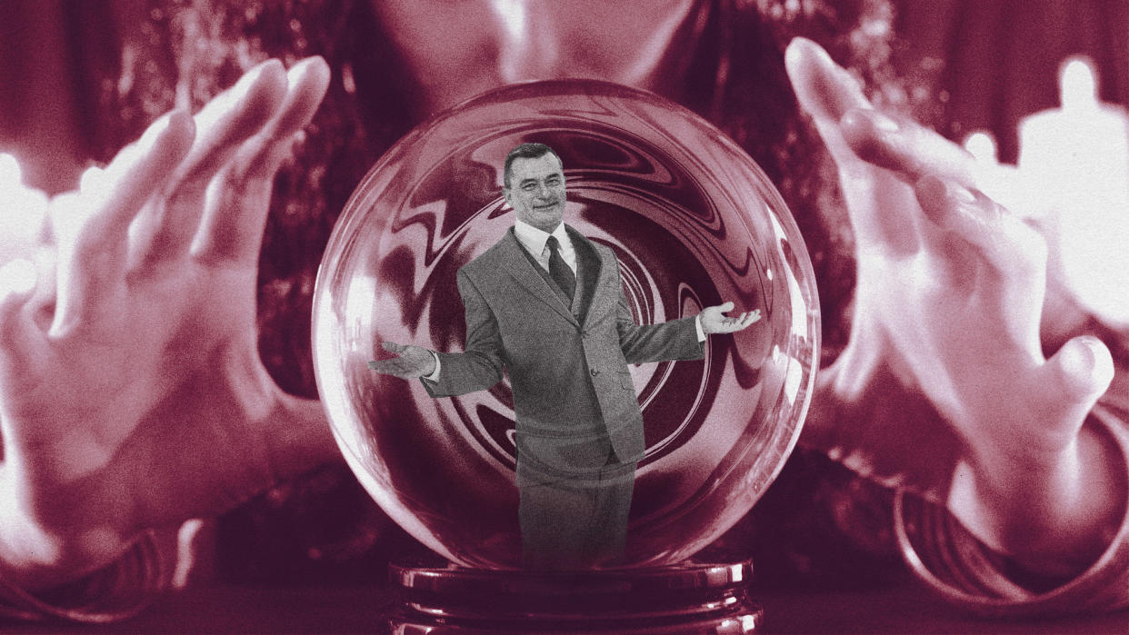  Photo collage of Agde’s mayor, Gilles d’Ettore, standing within a crystal ball with a woman’s hands around it, as if reading fortune. 