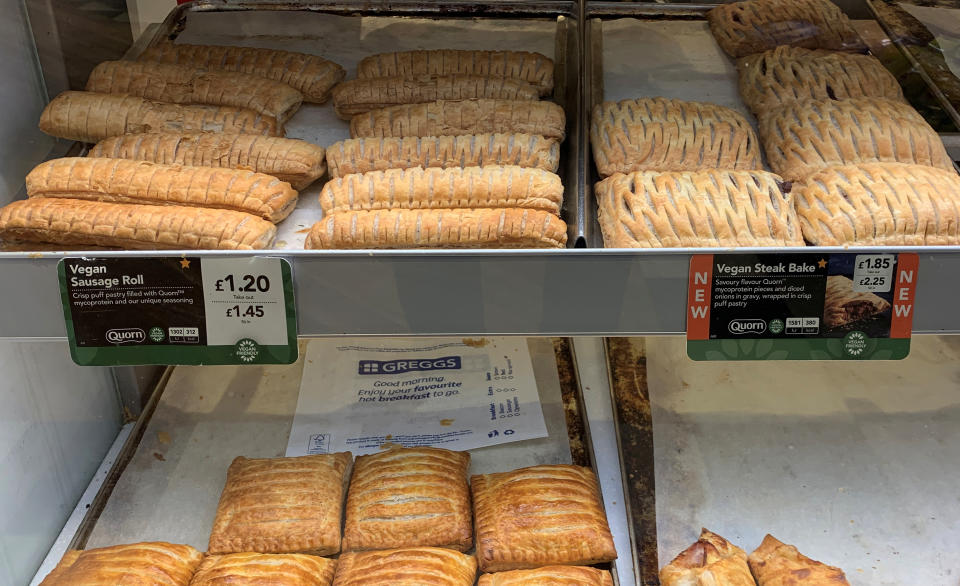 Vegan sausage rolls and Steak Bakes are seen for sale in a Greggs bakery near Manchester, Britain January 8, 2020. REUTERS/Phil Noble