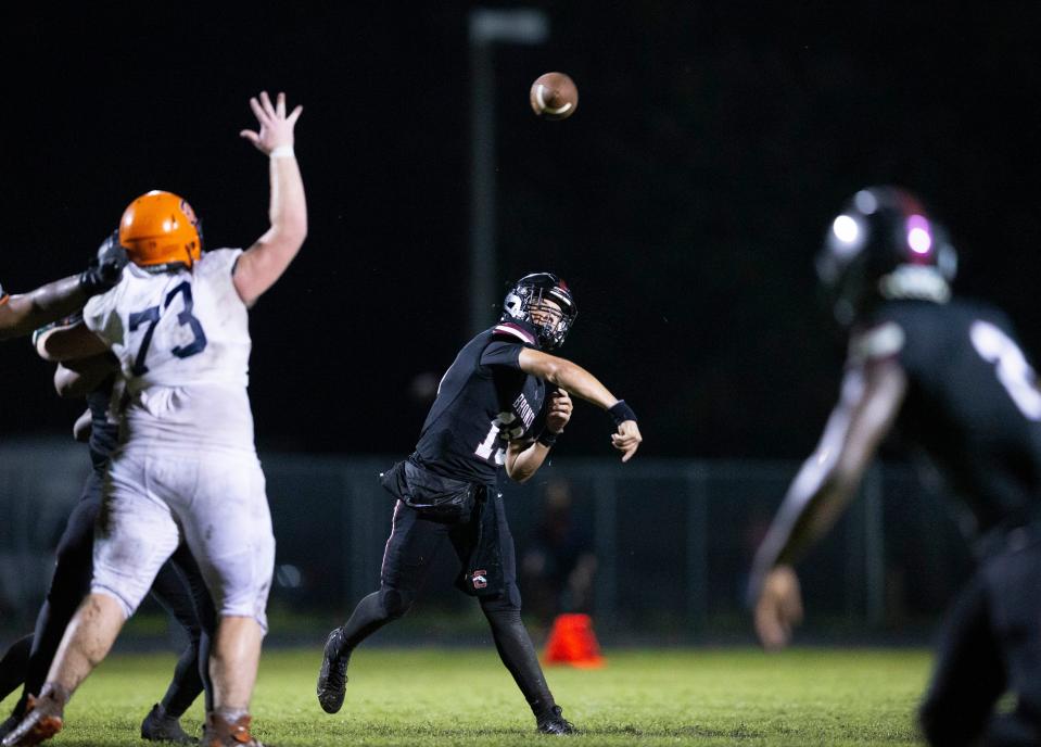 Palm Beach Central quarterback Caleb Butler throws the ball during their game against Benjamin in Wellington, Florida on October 6, 2023.