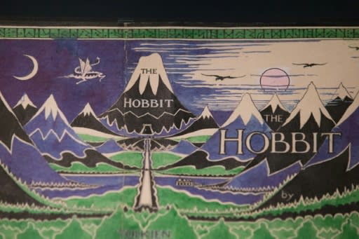 The final cover art on the first edition dust jacket of J. R. R. Tolkien's 'The Hobbit' can be seen at the exhibition