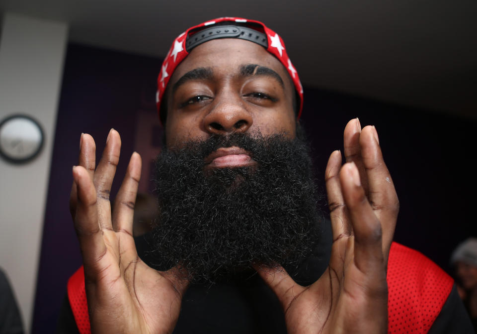 James Harden shows off his beard during a presentation by New Era Cap, which makes the caps for MLB, on Feb. 11, 2016, in Toronto. (Photo: Tom Szczerbowski via Getty Images)