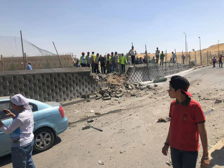 A damage is seen at the site of a blast near a new museum being built close to the Giza pyramids in Cairo, Egypt May 19, 2019 in this still image taken from a social media video. Stringer/via REUTERS.