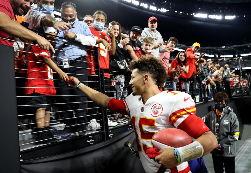 LAS VEGAS, NEVADA - NOVEMBER 14: Patrick Mahomes #15 of the Kansas City Chiefs celebrates with fans after defeating the Las Vegas Raiders at Allegiant Stadium on November 14, 2021 in Las Vegas, Nevada. (Photo by Sean M. Haffey/Getty Images)