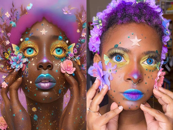 Prompt: Cottagecore makeup look on a beautiful African American woman, brown skin, freckles, whimsical, iridescent, floral, glitter, unique, fairies, colorful, ethereal, digital painting, colorful mascara, MUAFor Day 2, I wanted to have more control over the final results. In order to guide the AI in terms of color and basic composition, I used the graphics software Procreate to make this very crude input image: