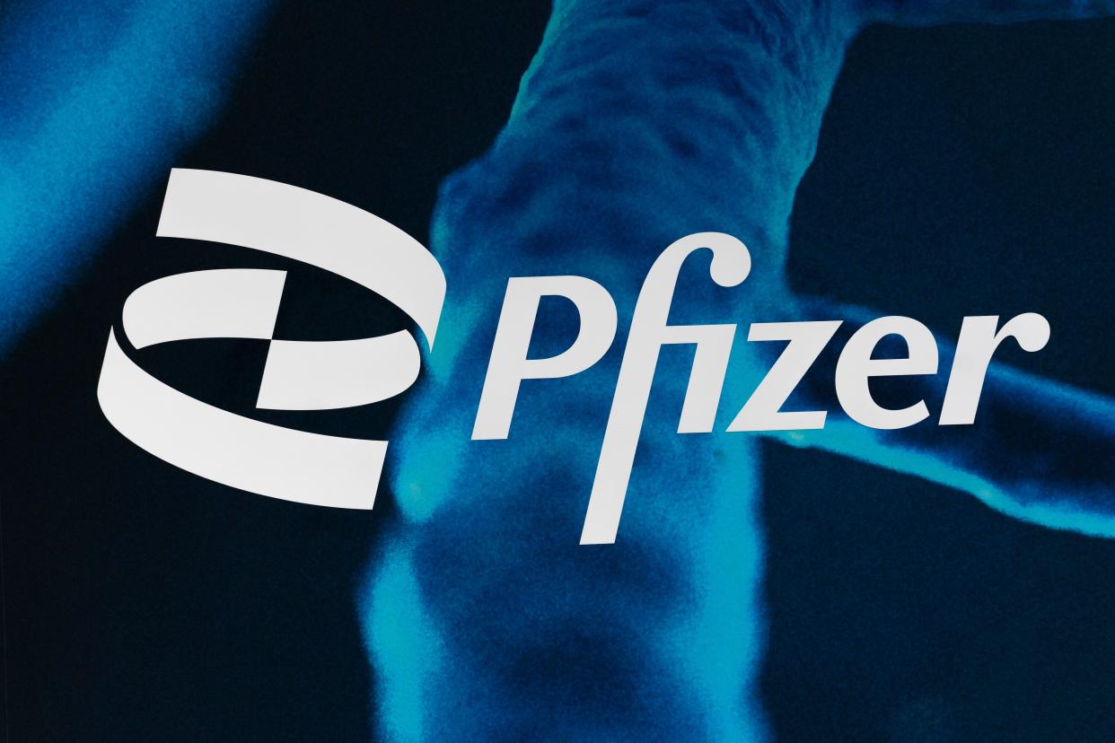 The Pfizer logo is displayed at the company's headquarters in Manhattan, New York. 