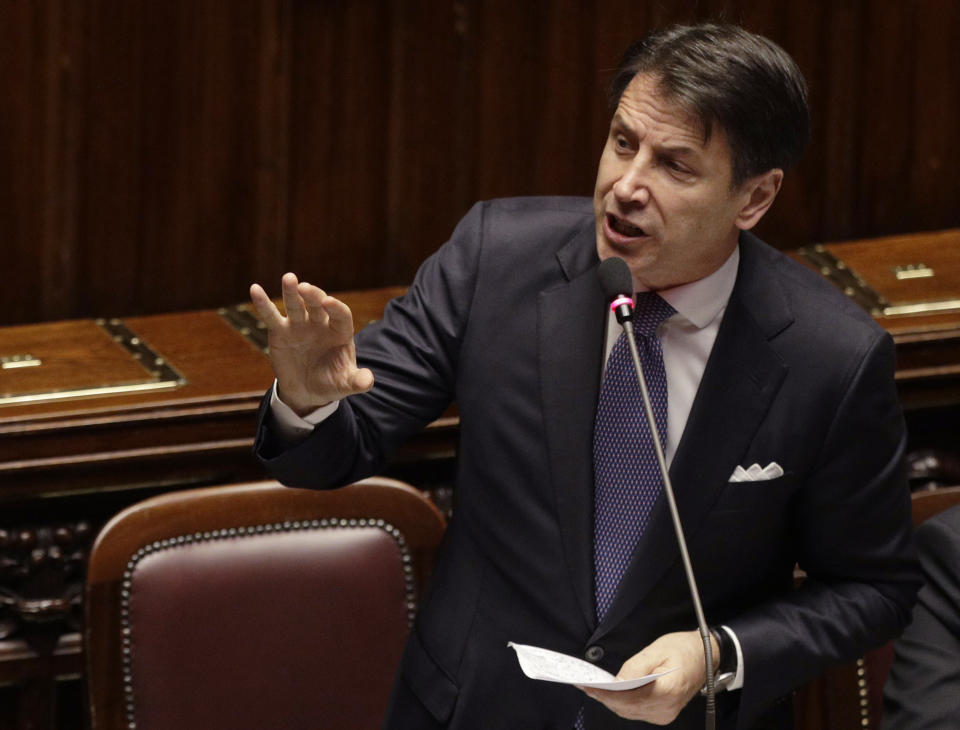 Italian Premier Giuseppe Conte intervenes in the parliament debate ahead of confidence vote later at the Lower Chamber in Rome, Monday, Sept. 9, 2019. Conte is pitching for support in Parliament for his new left-leaning coalition ahead of crucial confidence votes. (AP Photo/Gregorio Borgia)