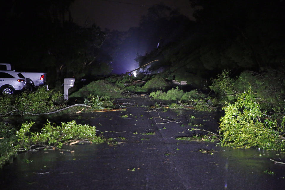 Downed power lines, trees damage homes as Tropical Storm Nestor passed the area on Saturday, Oct. 19, 2019 in Kathleen, Fla. Nestor was downgraded Saturday after it spawned a tornado that damaged several homes. (Luis Santana/Tampa Bay Times via AP)