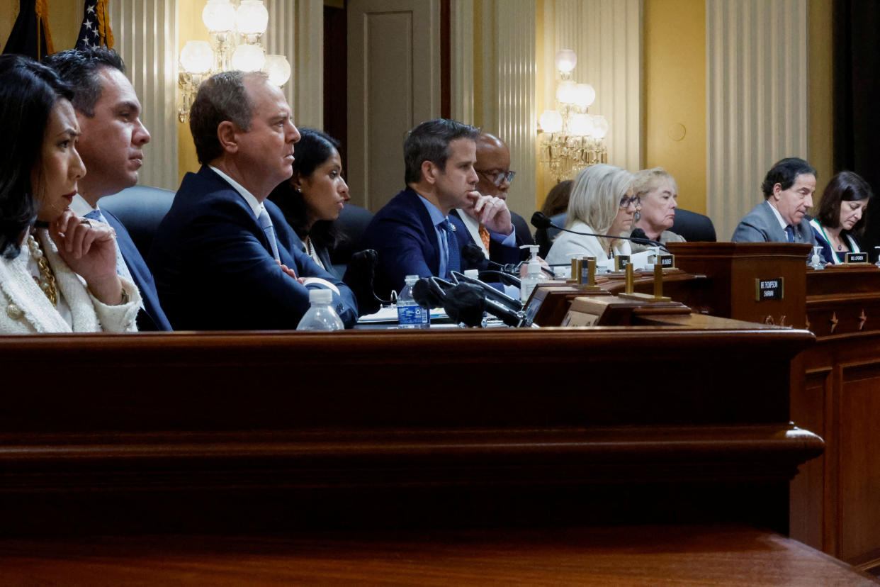 Members of the Jan. 6 committee sit at one of their public hearings.