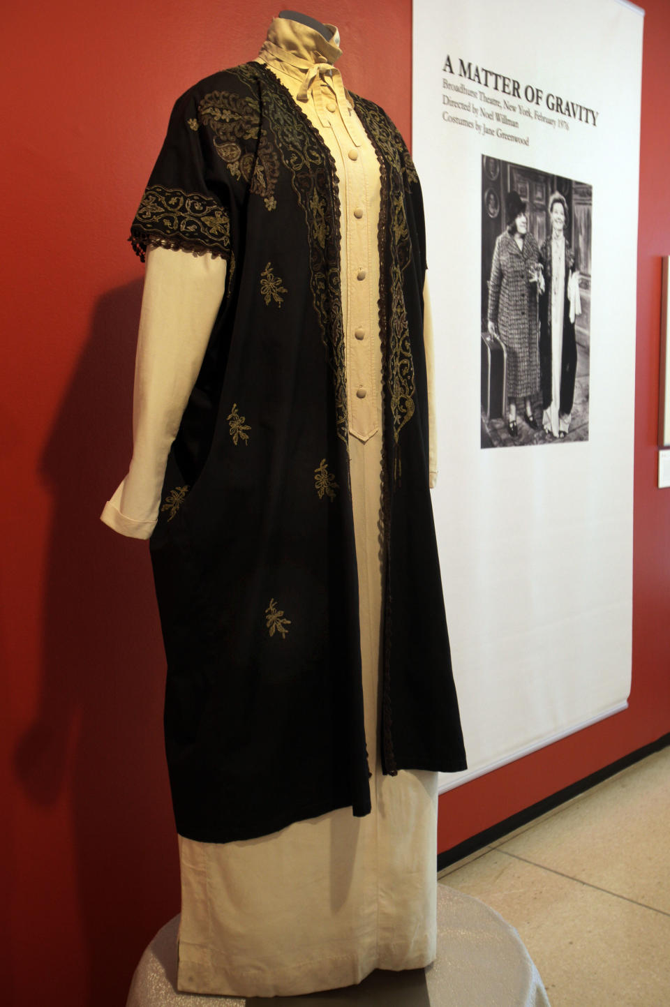 A design by Jane Greenwood, from the 1976 production of "A Matter of Gravity," is shown as part of the "Katharine Hepburn: Dressed for Stage and Screen" exhibit in the New York Public Library for the Performing Arts at Lincoln Center, Tuesday, Oct. 16, 2012. (AP Photo/Richard Drew)