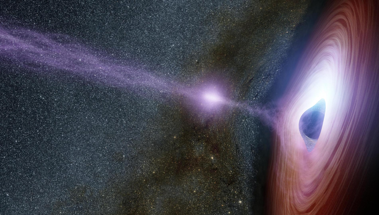 An illustration of a supermassive black hole. <a href="https://images.nasa.gov/details/PIA20051" rel="nofollow noopener" target="_blank" data-ylk="slk:NASA/JPL;elm:context_link;itc:0;sec:content-canvas" class="link ">NASA/JPL</a>