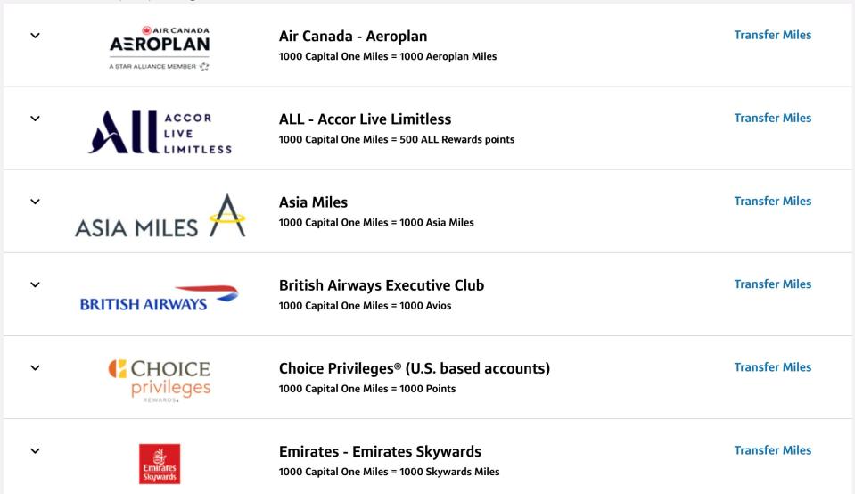 Screenshot with partial list of Capital One transfer partners in the "Convert Rewards" section of a Capital One credit card account.
