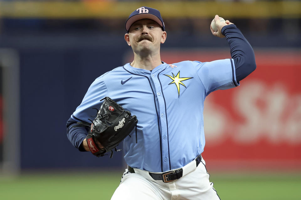 Tampa Bay Rays starting pitcher Tyler Alexander throws against the New York Yankees during the first inning of a baseball game Sunday, May 12, 2024, in St. Petersburg, Fla. (AP Photo/Mike Carlson)