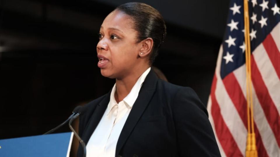 New York City Police Commissioner Keechant Sewell speaks at a January 2022 news conference at a Manhattan subway station where a new plan was announced to fight homelessness. Sewell has announced her resignation from the position after less than 18 months. (Photo by Spencer Platt/Getty Images)