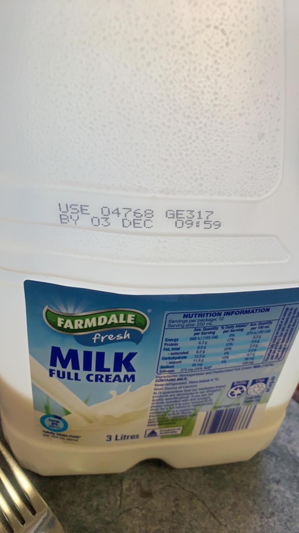 A three-litre bottle of Aldi Farmdale Fresh milk that thickened after being poured.