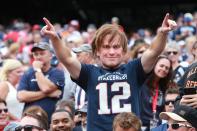 <p>A New England Patriots fan wears a Tom Brady mask during a game between the Patriots and the Miami Dolphins at Gillette Stadium in Foxborough, Mass., on Sept. 18, 2016. (Photo by Jim Davis/The Boston Globe via Getty Images) </p>