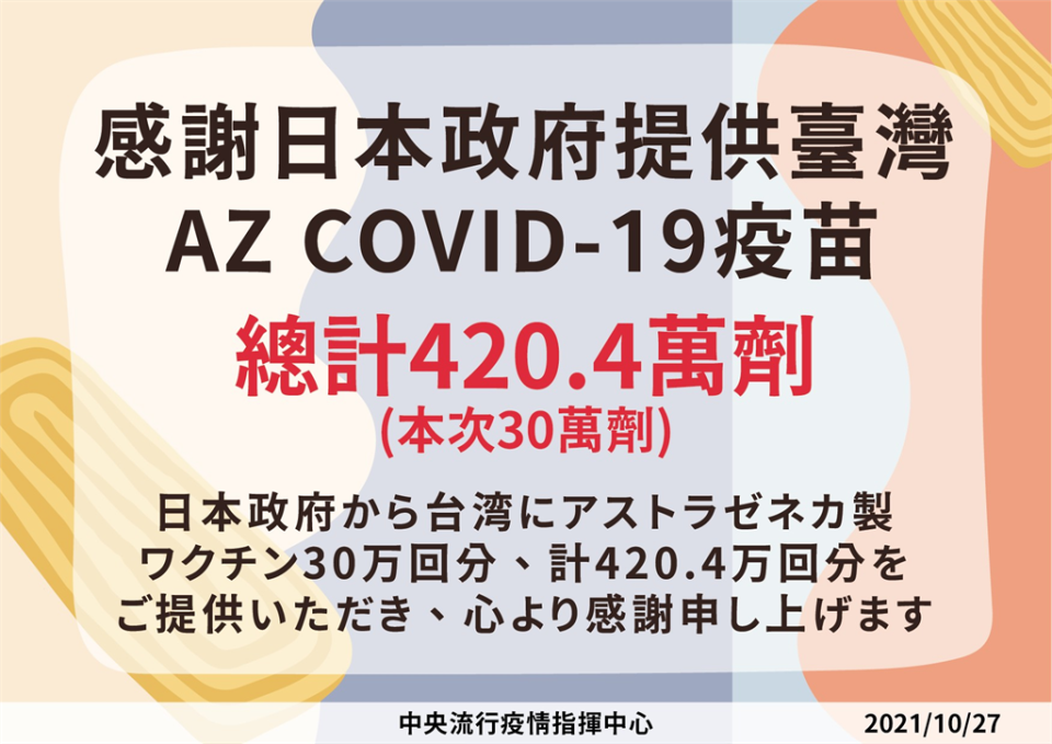 快新聞／日本贈台疫苗累計420萬劑！　指揮中心：感謝日本政府、謝大使的努力