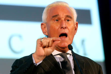 FILE PHOTO: Political operative Roger Stone, a long-time ally of U.S. President Donald Trump, speaks at the American Priority conference in Washington, D.C., U.S. December 6, 2018. REUTERS/Jim Urquhart/File Photo