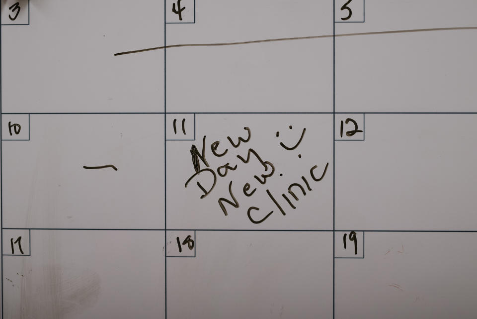 A calendar in the office notes the relaunch of the clinic.<span class="copyright">Lucy Garrett for TIME</span>