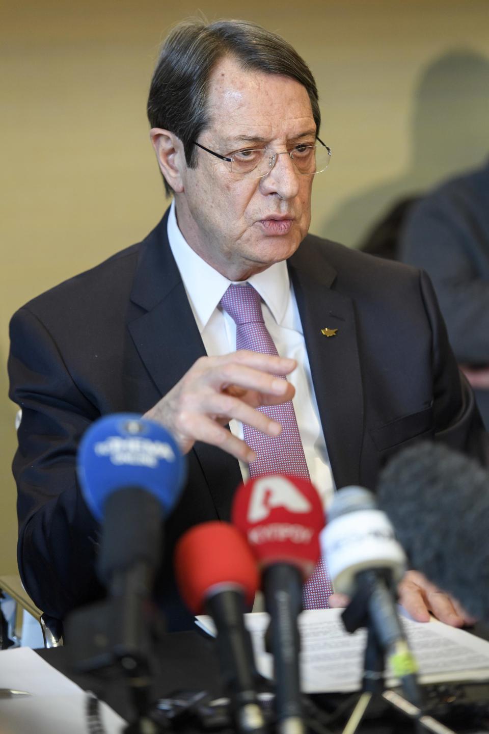 Greek Cypriot President Nicos Anastasiades speaks to the media about the Cyprus peace talks during a news conference, in Geneva, Switzerland, Friday, Jan. 13, 2017. (Martial Trezzini/Keystone via AP)