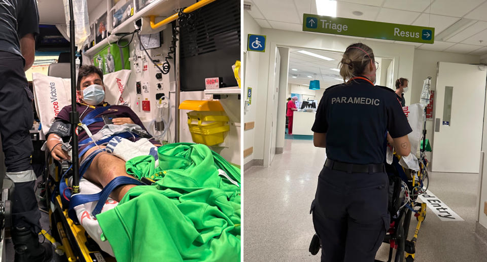 A photo of a Melbourne boy being taken to hospital in an ambulance after an anaphylactic reaction to wheat in Woolworths chicken. A photo of him being wheeled in to hospital. 