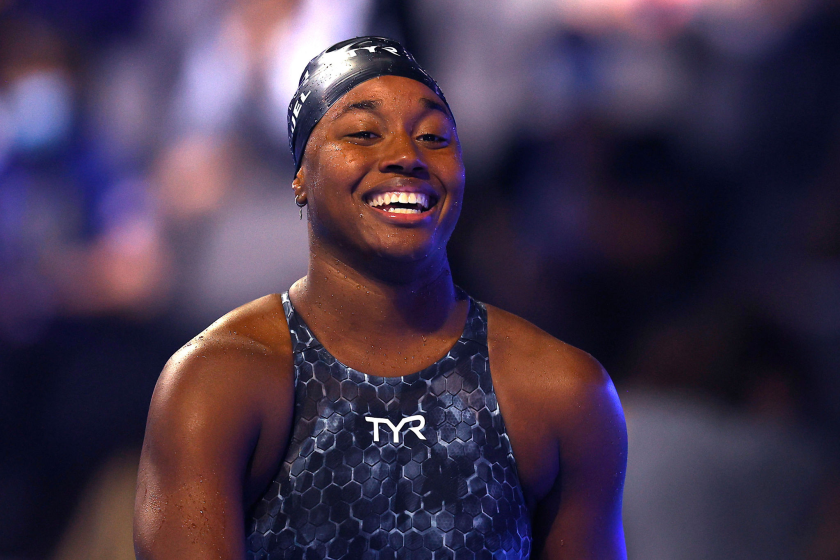 Simone Manuel reacts after competing in the Women's 50m freestyle final.