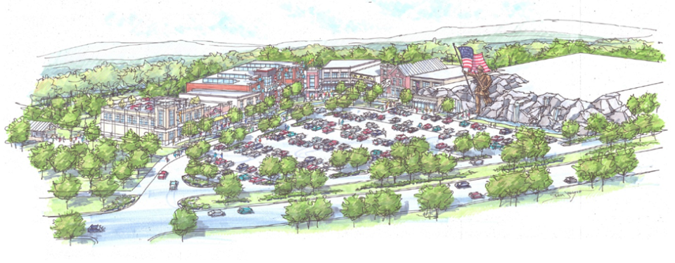 A rendering of phase one of "The 407: Gateway to Adventure" includes a home for Puy du Fou's immersive history-inspired attraction that tells the story of Cherokee tribal citizens who served in World War I. The development, located off Interstate 40 where most people traveling east access the Great Smoky Mountains, is slated to open in 2024.