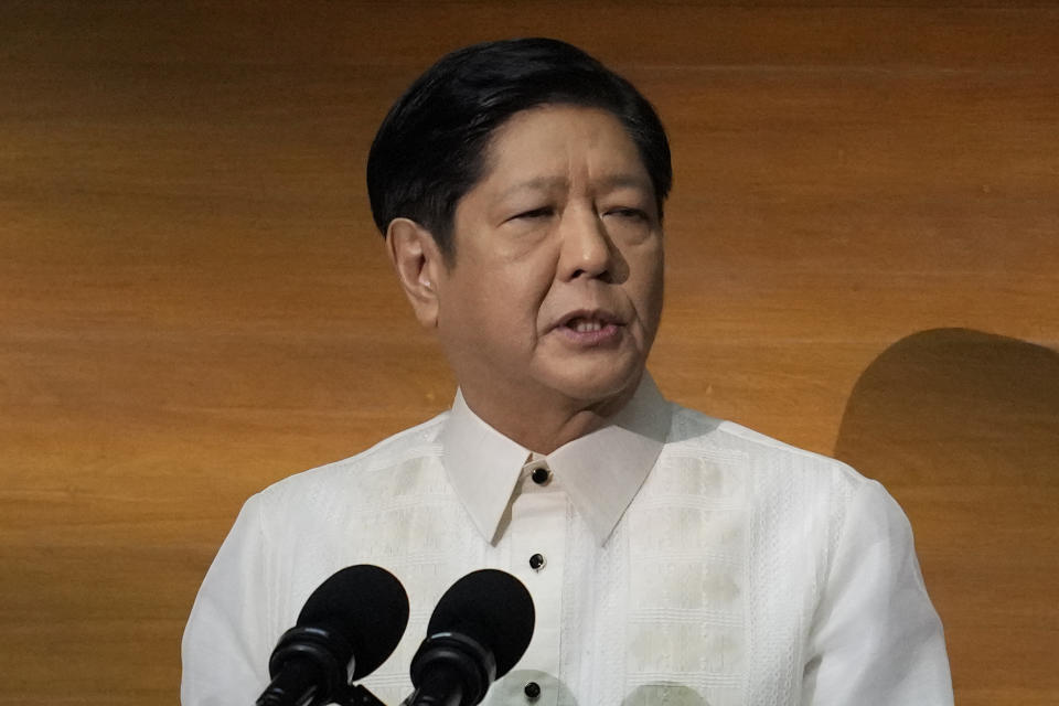 Philippine President Ferdinand Marcos Jr. delivers his second state of the nation address at the House of Representatives in Quezon City, Philippines on Monday, July 24, 2023. (AP Photo/Aaron Favila)