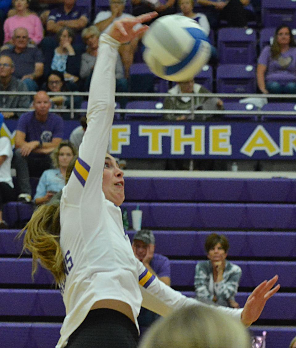 Watertown's Hannah Herzog spikes the ball during an Eastern South Dakota Conference volleyball match against Mitchell on Thursday, Sept. 21, 2023 in the Watertown Civic Arena.