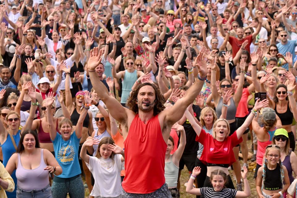 And stretch! Joe Wicks during his workout at Worthy Farm (Getty Images)