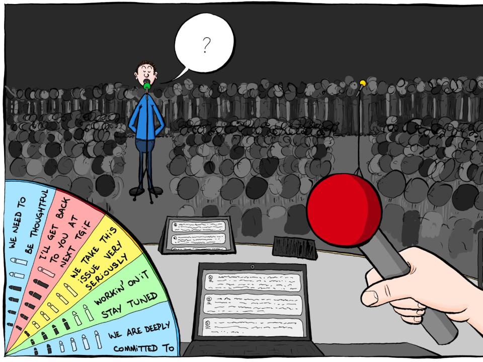 A cartoon shows a Googler asking a question during a meeting. The executive has a wheel of pre-written responses to choose from.