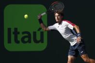 Mar 29, 2018; Key Biscayne, FL, USA; Pablo Carreno Busta of Spain reaches for a forehand against Kevin Anderson of South Africa (not pictured) on day ten of the Miami Open at Tennis Center at Crandon Park. Mandatory Credit: Geoff Burke-USA TODAY Sports