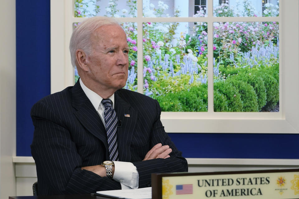 President Joe Biden participates virtually in the U.S.-ASEAN Summit from the South Court Auditorium on the White House complex in Washington, Tuesday, Oct. 26, 2021. It is the first time the United States has participated in the 10-member Association of Southeast Asian Nations since 2017, when President Donald Trump participated in the summit. (AP Photo/Susan Walsh)