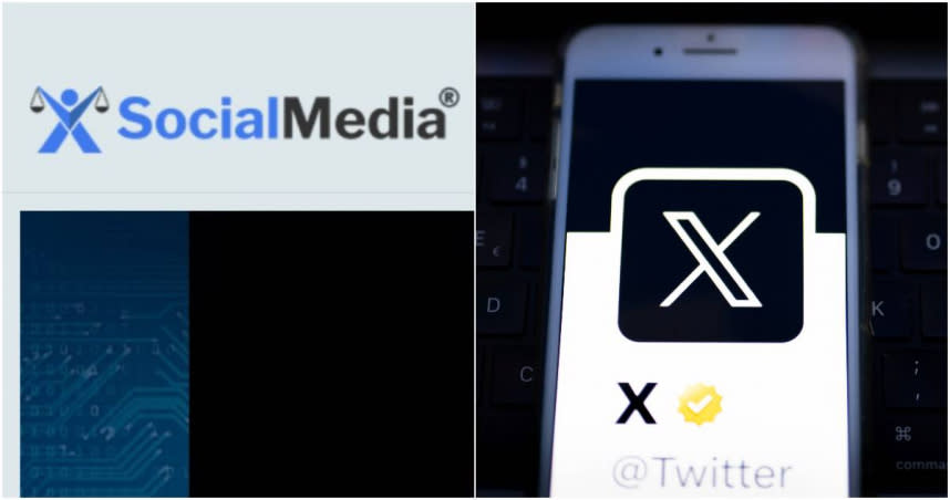 美國法律行銷公司X SocialMedia（左）、前身為推特（Twitter）的X公司（右）。（合成圖／達志／美聯社）