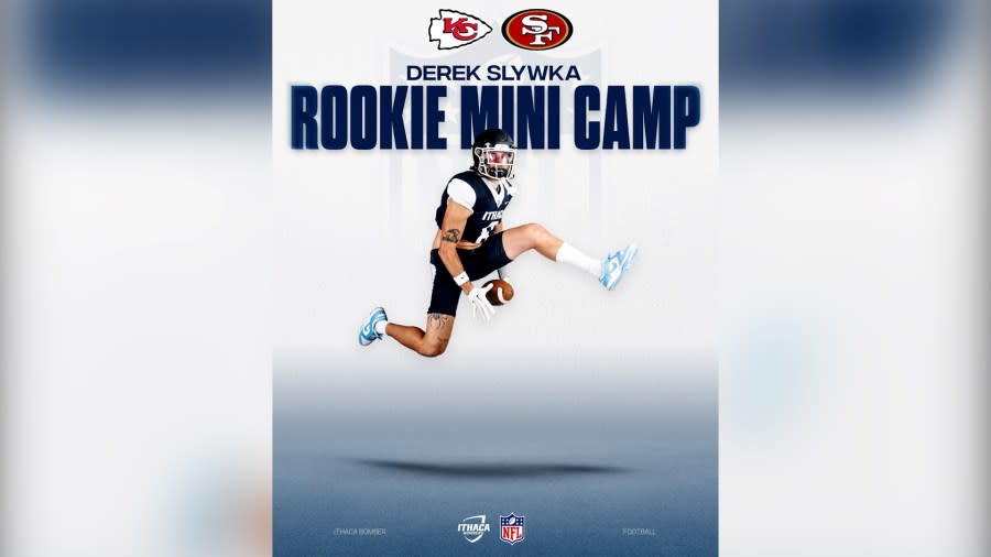 <em>(Photo Courtesy: @IthacaBomberFB on “X”) Ithaca football’s Derek Slywka earned invitations to the Kansas City Chiefs and San Francisco 49ers rookie mini-camps. </em>