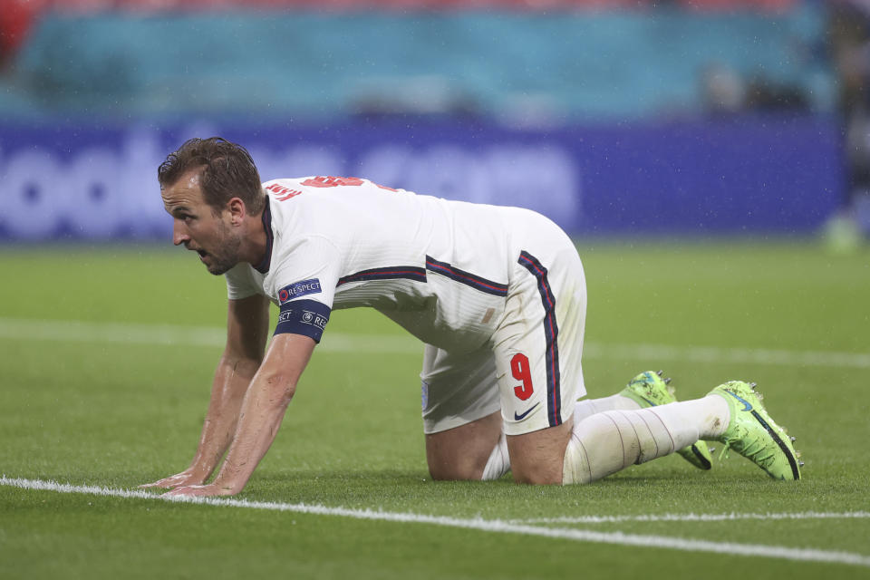 England's Harry Kane reacts after missing a scoring chance during the Euro 2020 soccer championship group D match between England and Scotland at Wembley stadium in London, Friday, June 18, 2021. (Carl Recine/Pool Photo via AP)