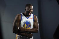 Golden State Warriors forward Draymond Green poses for a photograph during an NBA basketball media day in San Francisco, Sunday, Sept. 25, 2022. (AP Photo/Godofredo A. Vásquez)